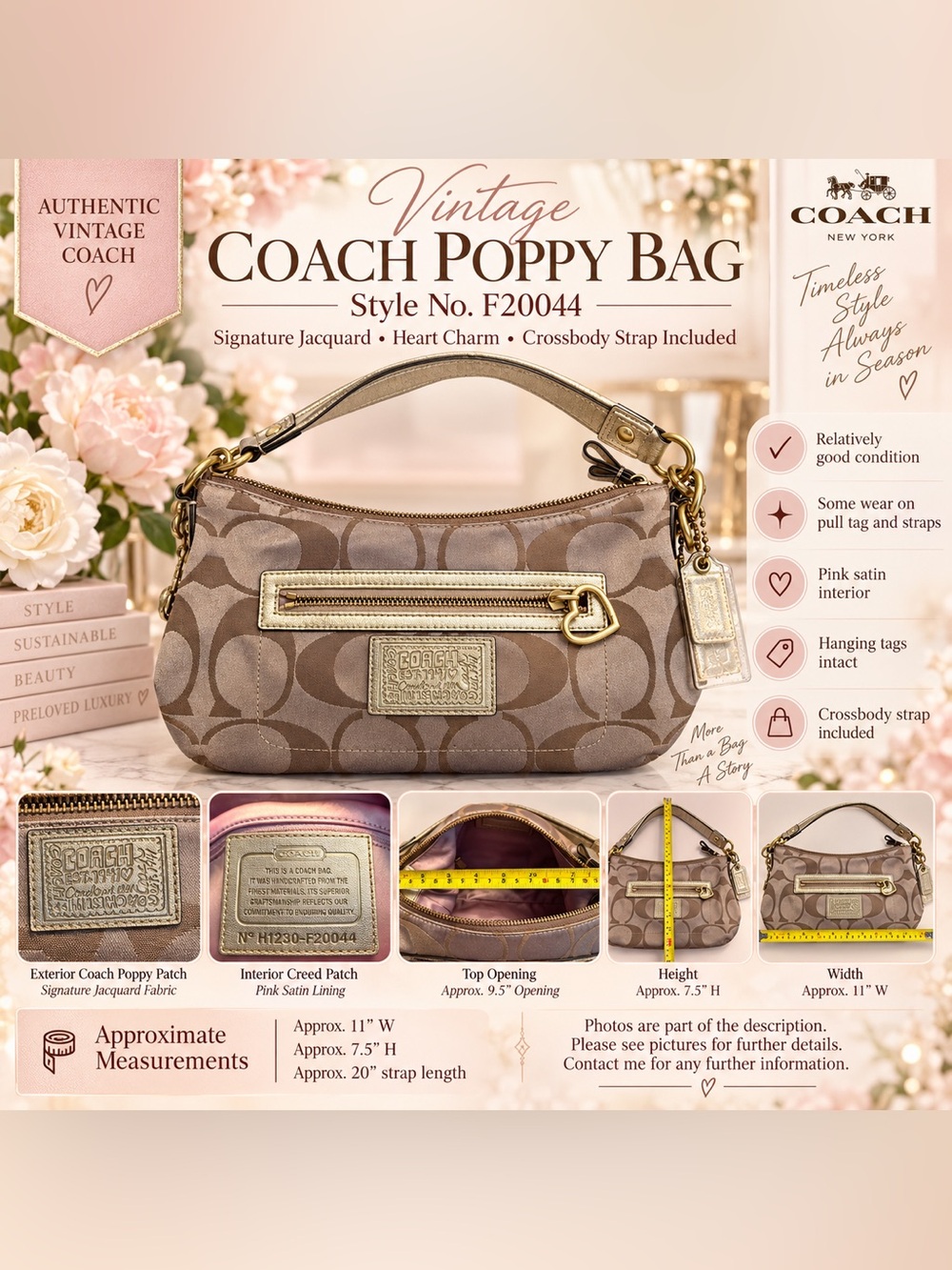 Vintage Coach Poppy Signature Bag F20044 Heart Charm + Crossbody Strap